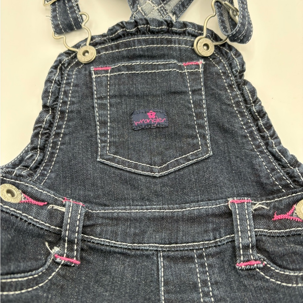 Infant girl Wrangler bib overalls hot pink stitching dark wash denim 3-6 months - Picture 4 of 7